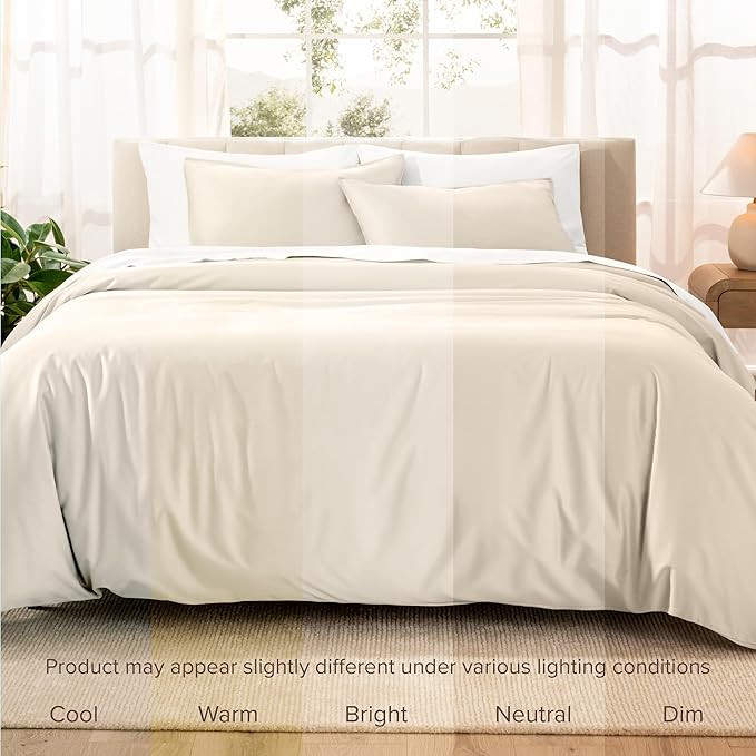 Bare Home 100% Organic Cotton Sateen Duvet Cover Set - Full/Queen Size - 400 Thread Count - Smooth Sateen Weave - Warm & Luxurious - Duvet Cover (Queen, French Beige)
