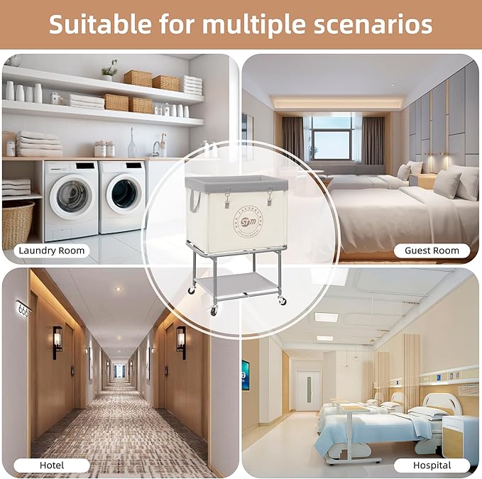 STORAGE MANIAC Rolling Laundry Cart with Storage Shelf, Heavy Duty Industrial Laundry Basket with Wheels, Commercial Metal Frame Clothes Hamper with Canvas Bag for Dorm, Closet, Bedroom, Beige