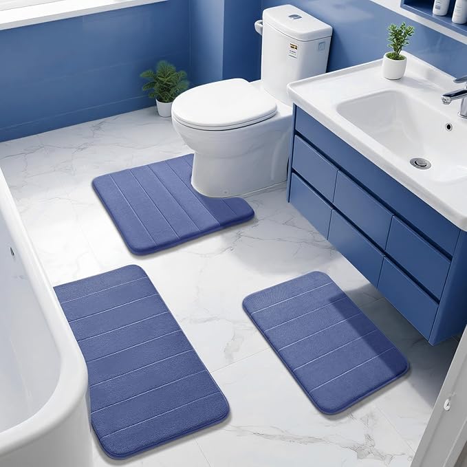 Yimobra Memory Foam Bath Mat, Super Soft Absorbent Bathroom Rug Non Slip 31.5x20 Inch, Quick Dry, Machine Washable Floor Carpet for Tub Shower, Home Decor Accessories, Navy Blue