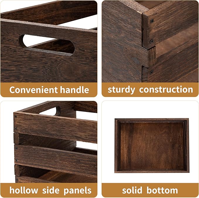 Wooden Crates With Handles ,2 Pack Vintage Brown Assemble Wooden Boxes 16.5 X 12 X 8.3'' ,Solid Wood Crate For Storage Books,Milk,Toys,Clothes, Wine, Fruits,Wood Crates Box For Display