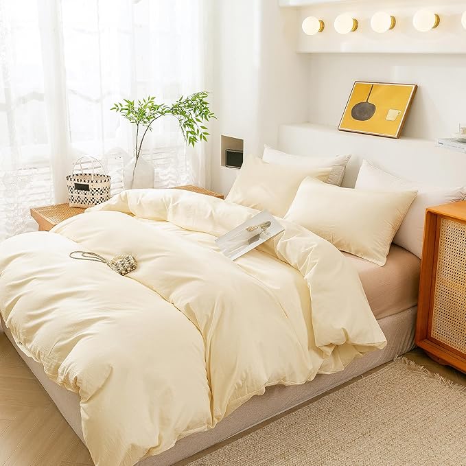 ECOCOTT Duvet Cover King Size - 3 Piece 100% Washed Cotton Bedding Set, Soft & Breathable with Zipper Closure 8 Corner Ties - Comfortable and Stylish for All Seasons (Cream)