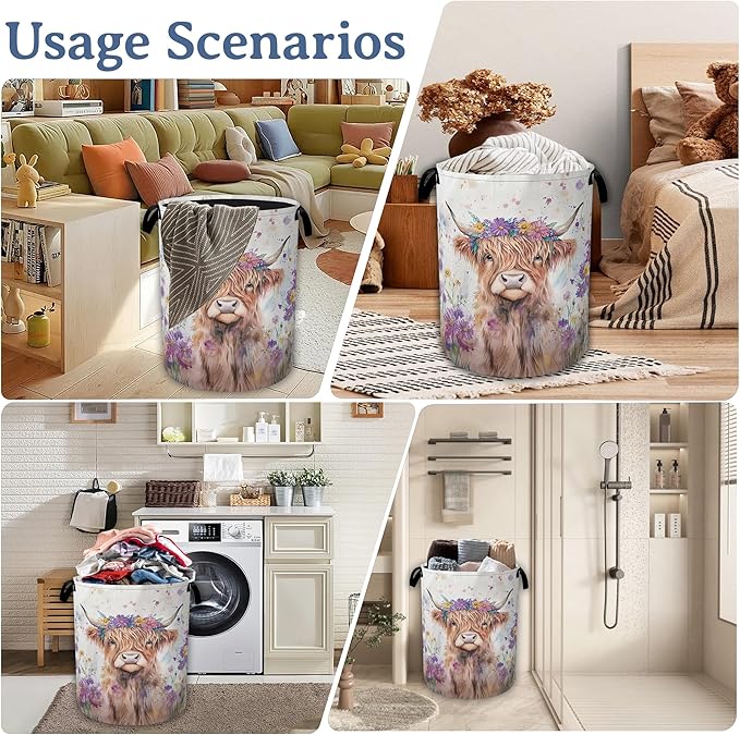 Highland Cow Laundry Basket,Foldable Oxford Cloth Flower Funny Laundry Hamper with Handles, 20.8"x16" Tote Bag Clothes Storage Bucket for Laundry Room/Bathroom/Bedroom/Dormitories