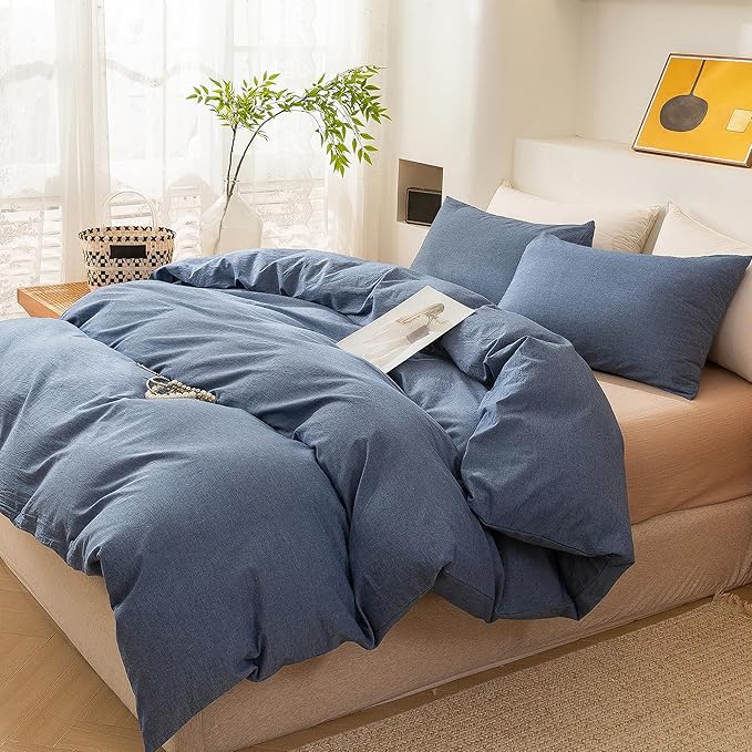 ECOCOTT Denim Blue Duvet Cover King Size, 100% Washed Cotton 1 Duvet Cover with Zipper and 2 Pillowcases, Ultra Soft and Easy Care Breathable Cozy Bedding Set (Denim Blue, King)