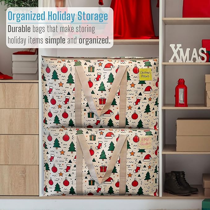 VENO 6 Pack Moving Bags and Large Christmas Storage Bins with lids. Alternative to Moving Boxes, Packing Supplies for College. Extra Large Heavy Duty Totes for Packaging (Jingle Mix, 6 Pack)