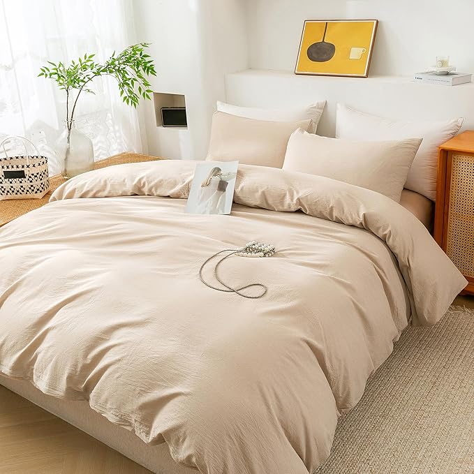 ECOCOTT Duvet Cover Set, 100% Washed Cotton Linen-Like Soft & Breathable, Durable Comfy Bedding Set for All Seasons (Khaki, Twin)