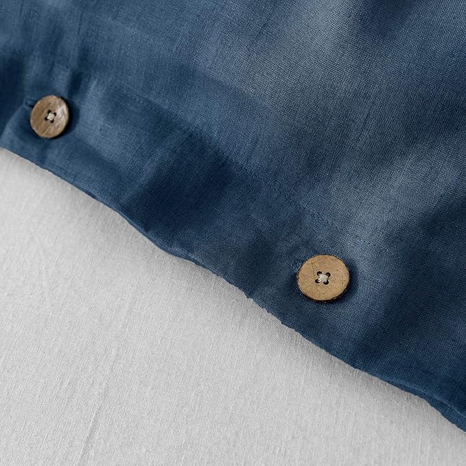 EVERLY100% Pure Linen Duvet Cover Set Queen Size90X90Inch 3pcs (1 Duvet Cover,2 Pillowcases) Soft and Breathable for All Season with Coconut Button Closure, Suitable for Hot Sleepers-Navy Blue