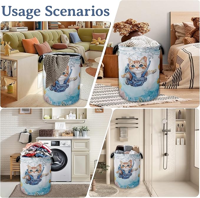 Cute Cat Laundry Basket,Foldable Oxford Cloth Sea Turtle Fish Coral Laundry Hamper with Handles, 20.8"x16" Tote Bag Clothes Storage Bucket for Laundry Room/Bathroom/Bedroom/Dormitories