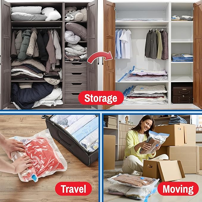 Spacesaver Premium Vacuum Storage Bags. 80% More Storage! Hand-Pump for Travel! Double-Zip Seal and Triple Seal Turbo-Valve for Max Space Saving! (Jumbo 6 Pack)