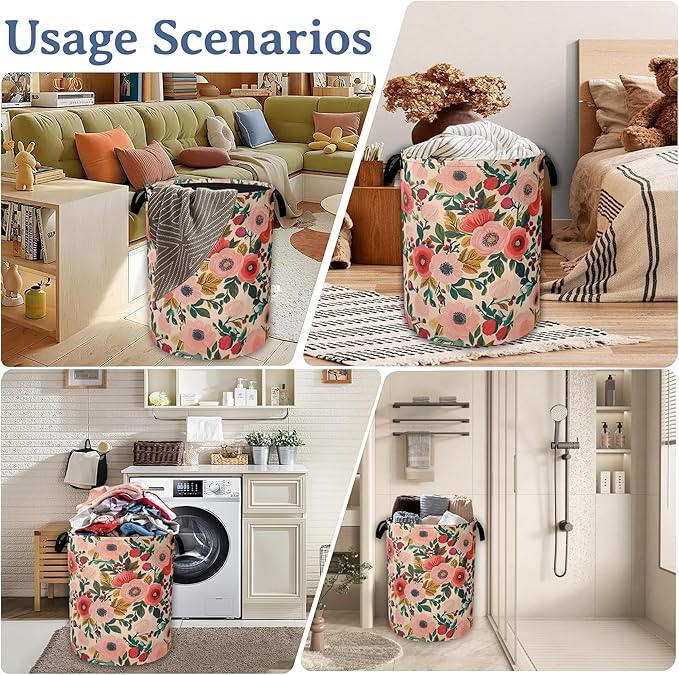 Vintage Flowers Laundry Hamper With Handle,Foldable Oxford Cloth Blossom Vintage Floral Laundry Basket,20.8"x16" Clothes Storage Basket for Laundry Room/Bedroom/Bathroom