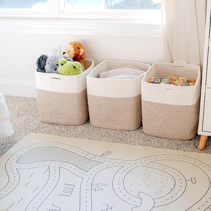 NaturalCozy 13x15x13 Kallax Storage Cubes Bins, 3 Pack | Cotton Rope Cube Storage Bin Woven Baskets for Organizing | Kallax Insert Storage Baskets for Shelves Organizer, Kids Toy, Closet Baby Nursery