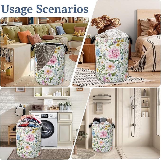 Watercolor Floral Laundry Hamper With Handle,Foldable Oxford Cloth Wildflowers Laundry Basket,20.8"x16" Clothes Storage Basket for Laundry Room/Bedroom/Bathroom