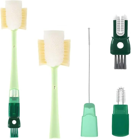 XngQuJoy 5-in-1 Bottle Cleaning Brush Set, Multifunctional Portable Brush Kit for Water Bottles, Travel Mugs, Cups, Kitchen Use, Wood Handle, 4.8 x 2.1 x 1.6 Inches (A Green)