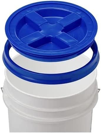 House Naturals Food Grade 5 Gallon Made in USA Plastic Bucket with Air Tight Screw on Lid (White Buckets with Blue Lids)