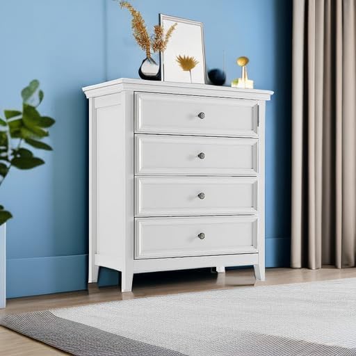 White Dresser for Bedroom, 4 Chest of Drawers, Wooden Dressers Tall Nightstand with Drawer, Farmhouse Cabinet for Bedroom, Living Room,Hallway