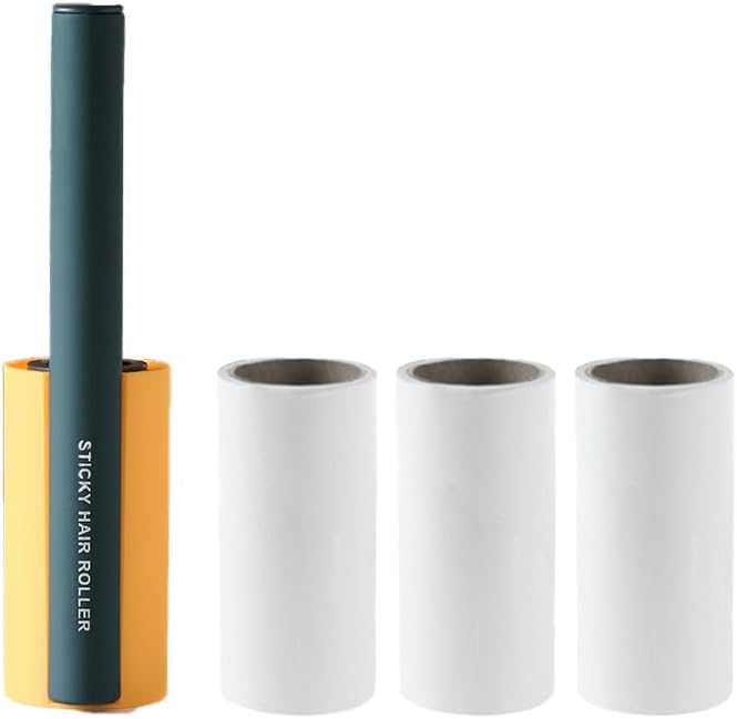 Sticky Lint & Pet Hair Remover Roller - 4 Adhesive Sheets Included (3 Refills) for Clothes, Furniture & Cars | Anti-Slip Handle, Dust-Proof Cover (Yellow)