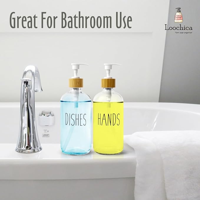 2 Pack Clear Glass Soap Dispenser with Plastic Pump, Transparent Dish and Hand Soap Dispenser Set, Refillable Reusable Apothecary Soap Pump Dispenser Bottles for Bathroom and Kitchen