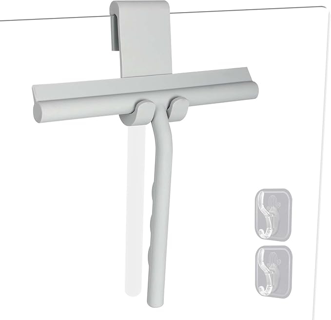 Shower Squeegee for Glass Doors, Full Silicone Jacketed Squeegee with Ergonomic Handle & No-Drill Hook, Cleaning Tool for Windows, Mirrors, Tiles, Bathroom & Car - Grey