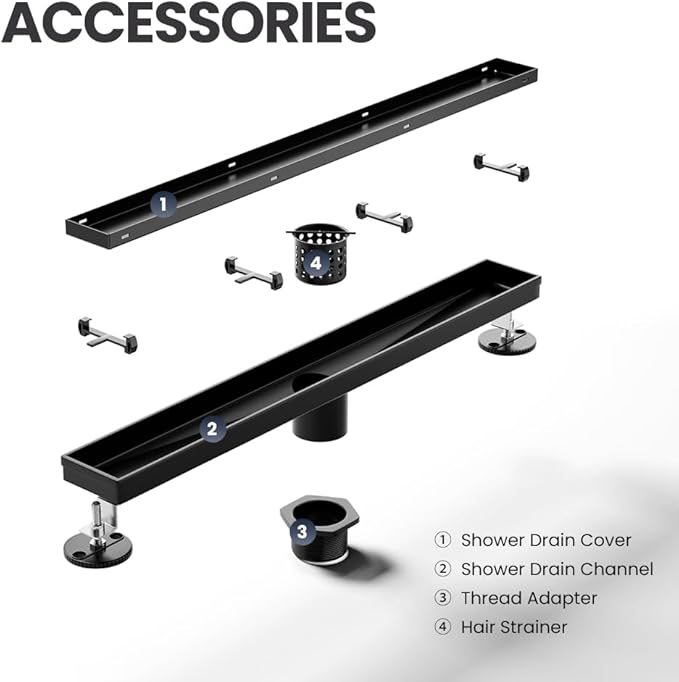 Linear Shower Drain 54 Inch Black, Brushed AISI 304 Stainless Steel Shower Drain with 2-in-1 Tile Insert Panel, for Bathroom, Kitchen, Garage & More