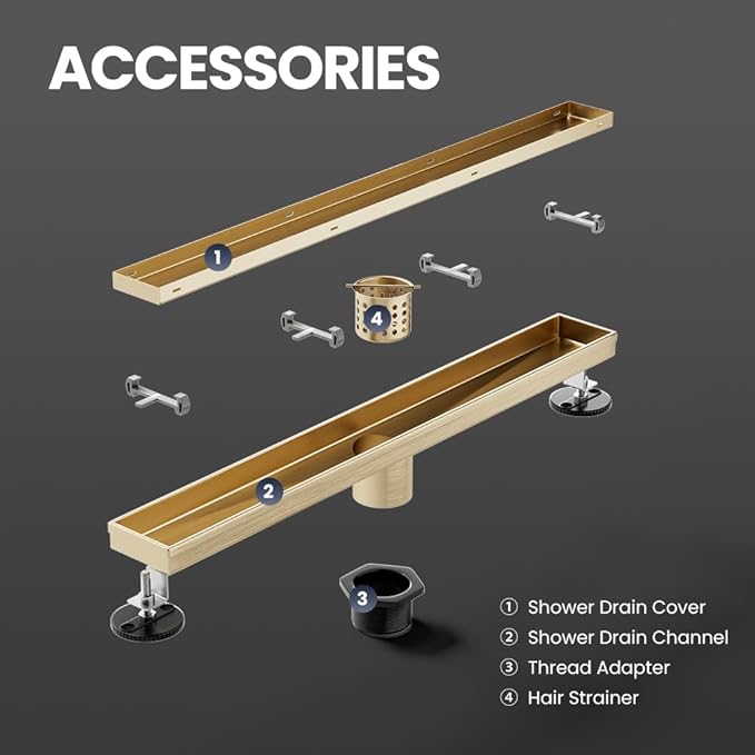 Linear Shower Drain 24 Inch Gold, Shower Drain with 2-in-1 Tile Insert Panel, Brushed AISI 304 Stainless Steel Linear Drain for Fast Drainage, Floor Drain for Bathroom, Kitchen, Garage & More