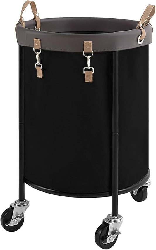 StorageWorks 110L Rolling Laundry Basket, Clothes Hamper with Wheels, Round Clothing Cart with Steel Frame and Removable Bag, 4 Casters and 2 Brakes, Black, 1-Pack