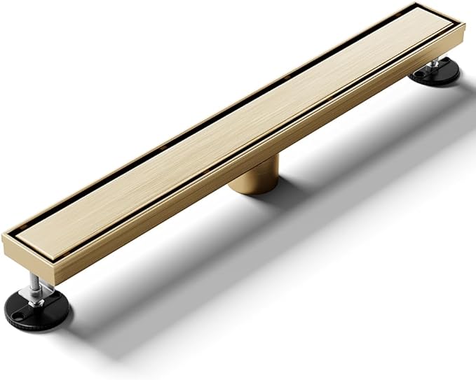Linear Shower Drain 24 Inch Gold, Shower Drain with 2-in-1 Tile Insert Panel, Brushed AISI 304 Stainless Steel Linear Drain for Fast Drainage, Floor Drain for Bathroom, Kitchen, Garage & More