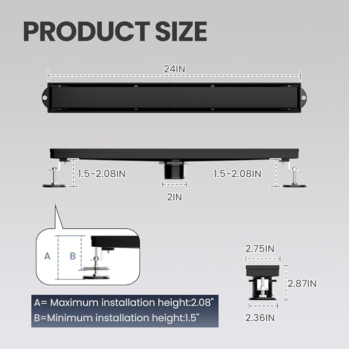 Linear Shower Drain 24 Inch Black, Shower Drain with 2-in-1 Tile Insert Panel, Brushed AISI 304 Stainless Steel Linear Drain for Fast Drainage, Floor Drain for Bathroom, Kitchen, Garage & More