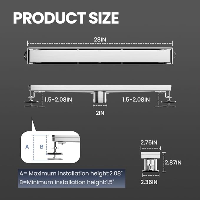 Linear Shower Drain 28 Inch, Brushed AISI 304 Stainless Steel Shower Drain with 2-in-1 Tile Insert Panel, for Bathroom, Kitchen, Garage & More
