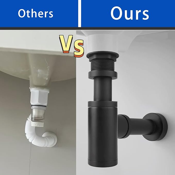 Round Bottle P-Trap 1 1/4 Adjustable Bathroom Basin Sink Waste Trap Drain Kit, Bathroom Bottle P Trap Waste Pipe, Matte Black