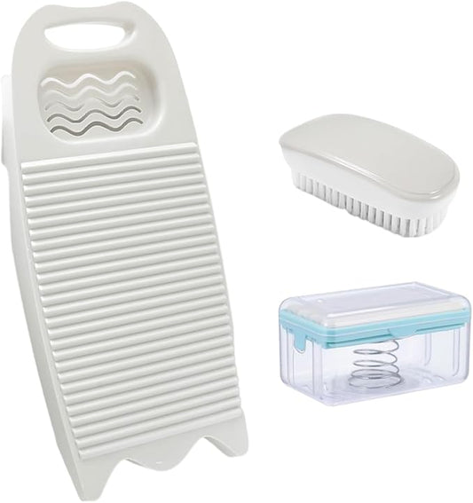 Wash Board, Washboard for Hand Washing Clothes, Plastics Laundry Scrub Board Household With Holder Portable (D-off-white+multifunctional soap dish+soft bristle brush)