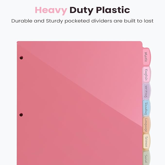 Sooez 8 Count Dividers with 2 Pockets, 8 Tabs Binder Dividers for 3 Ring Binders, Binder Dividers with tabs, Binder Divider with Pockets for US Letter Size, Insertable Big Tabs, Pastels, 1 Set