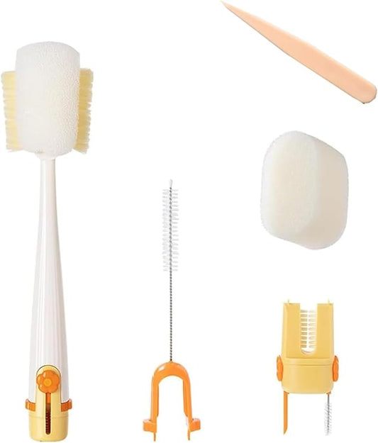 XngQuJoy 5-in-1 Bottle Cleaning Brush Set, Multifunctional Portable Brush Kit for Water Bottles, Travel Mugs, Cups, Kitchen Use, Wood Handle, 4.8 x 2.1 x 1.6 Inches (Yellow*2pcs)