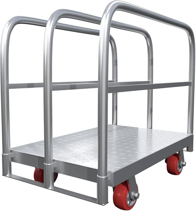Steel Panel Truck Cart, Platform Truck, Heavy Duty Lumber Drywall Dolly, Flatbed with 2500 lbs Capacity and 4 Swivel Casters, 36x24inch Steel Board with 3 Side Handrails
