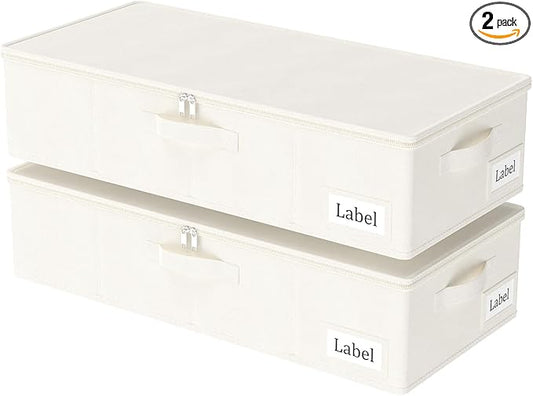 Yawinhe Underbed Bags, Storage Containers Bags with Lid, Foldable Blanket Bins, with Sturdy Zipper und Label Holders, for Clothing, 23.6''Lx11.8''Wx6''H, 2 Pack, Beige