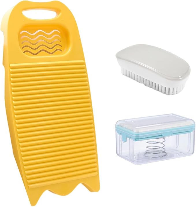 Wash Board, Washboard for Hand Washing Clothes, Plastics Laundry Scrub Board Household With Holder Portable (D-yellow+multifunctional soap dish+soft bristle brush)