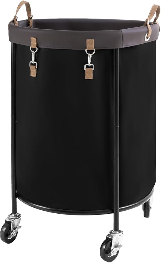 StorageWorks 170L Rolling Laundry Basket, Clothes Hamper with Wheels, Round Clothing Cart with Steel Frame and Removable Bag, 4 Casters and 2 Brakes, Black, 1-Pack