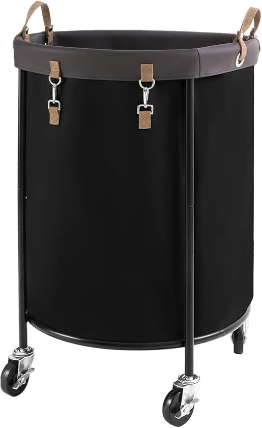 StorageWorks 170L Rolling Laundry Basket, Clothes Hamper with Wheels, Round Clothing Cart with Steel Frame and Removable Bag, 4 Casters and 2 Brakes, Black, 1-Pack