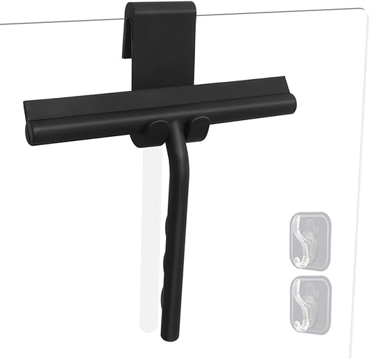 Shower Squeegee for Glass Doors, Full Silicone Jacketed Squeegee with Ergonomic Handle & No-Drill Hook, Cleaning Tool for Windows, Mirrors, Tiles, Bathroom & Car - Black