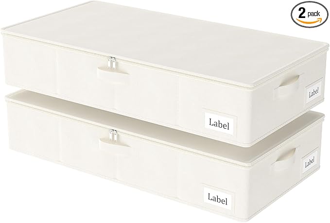 Yawinhe Foldable Underbed Storage Bags, Containers Bin with Lids, Large Under Bed Organizer Box, with Sturdy Zipper und Label Holders, for Clothing, 31.5''Lx15.7''Wx6''H, 2 Pack, Beige