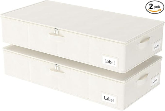 Yawinhe Foldable Underbed Storage Bags, Containers Bin with Lids, Large Under Bed Organizer Box, with Sturdy Zipper und Label Holders, for Clothing, 31.5''Lx15.7''Wx6''H, 2 Pack, Beige