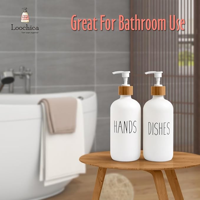 2 Pack White Glass Soap Dispenser Set for Kitchen Sink, Hand and Dish Soap, Matte White Finish, Rustic Decor