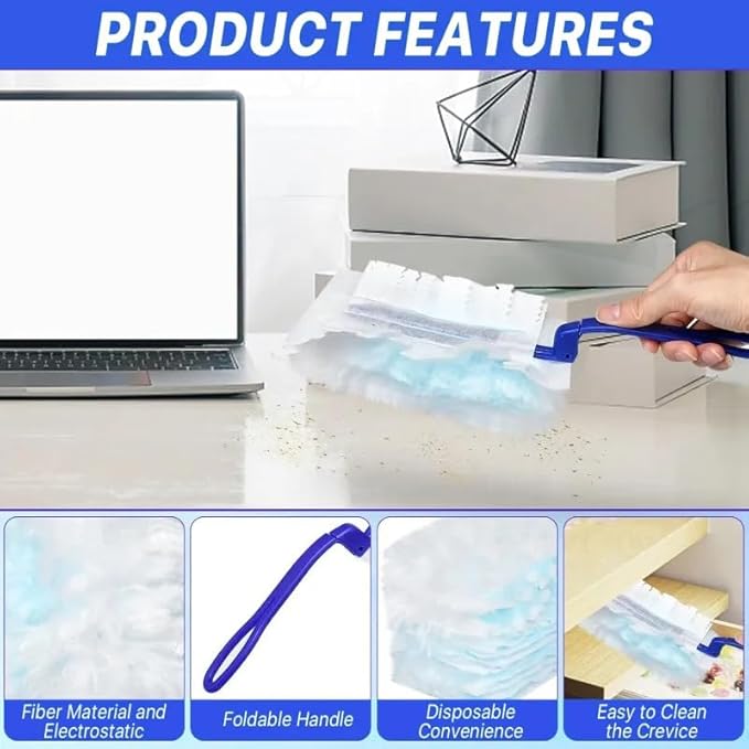 JMIATRY 100PCS Disposable Duster Refills for Swiffer Duster Pads 180 Degree Heavy Duty Dusters Refill with Adjustable Handle Disposable Dusters for Cleaning Home, Office (Blue & White)