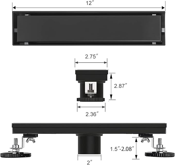 Linear Shower Drain, 12 inch Black Drain with Tile Insert 2-in-1 Panel, Brushed 304 Stainless Steel Shower Floor Drain, Linear Drain with Hair Strainer and Adjustable Feet