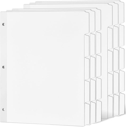 Forvencer Blank Writable Binder Dividers, 1/5 Cut Tabs, 3 Hole Punch Dividers with Reinforced Edge, Binder Dividers with Tabs, Letter Size, 6 Sets, 30 Dividers, White