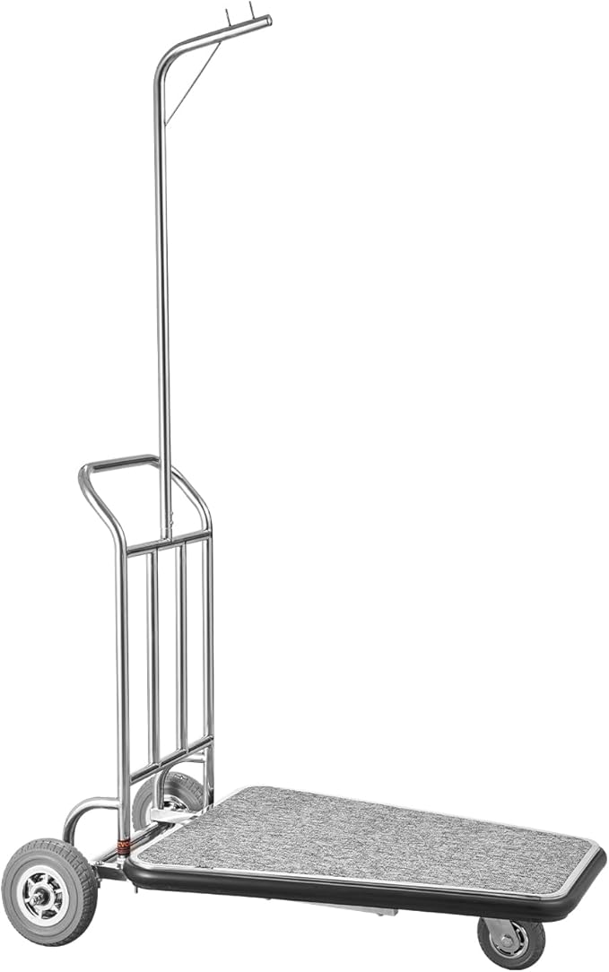 VEVOR Luggage Cart, 600 LBS Load Capacity, 3 Wheel Stainless Steel Bellman Cart, Valet Kart with Grey Carpeted Deck and Rubber Wheels, Ideal for Convention Centers, Hotels, Rental Properties, Silver