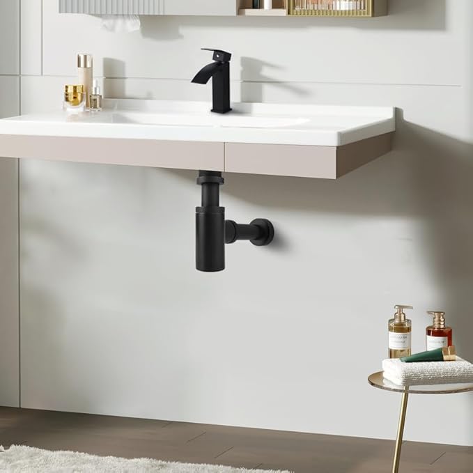 Round Bottle P-Trap 1 1/4 Adjustable Bathroom Basin Sink Waste Trap Drain Kit, Bathroom Bottle P Trap Waste Pipe, Matte Black