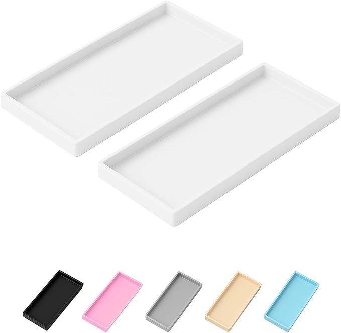 Vanity and Bathroom Tray, 7.7" ABS Countertop Organizer,Waterproof Vanity Tray for Toilet Tank,Perfume,Soap,Keys,Bathroom Accessories,Kitchen and Bath Trays,Non Slip Small Trays,White,2 Pack
