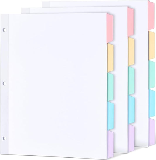 Forvencer Blank Writable Binder Dividers, 1/5 Cut Tabs, 3 Hole Punch Dividers with Reinforced Edge, Binder Dividers with Multicolor Tabs, Letter Size, 3 Sets, 15 Dividers