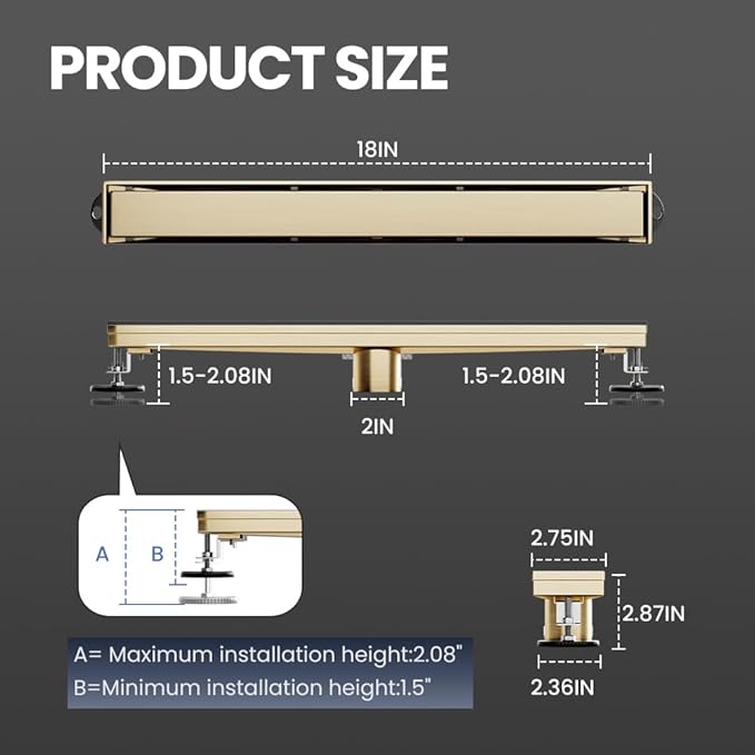 Linear Shower Drain 18 Inch Gold, Shower Drain with 2-in-1 Tile Insert Panel, Brushed AISI 304 Stainless Steel Linear Drain for Fast Drainage, Floor Drain for Bathroom, Kitchen, Garage & More