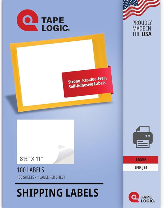 TAPE LOGIC Laser Labels Rectangle 8 1/2"x11" White (100-pk) Self-Adhesive All Purpose Blank Sticker Label Whole Sheet Printable Office & Personal Supplies for Address, Shipping & Mailing