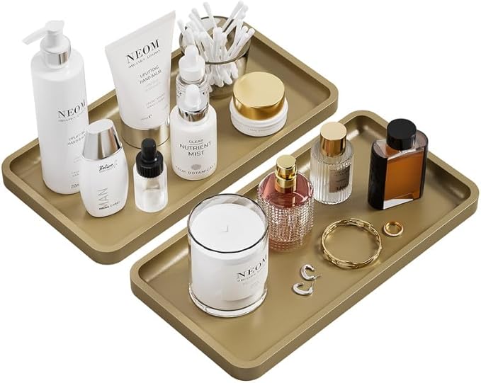 Weenson Gold Bathroom Vanity Tray for Countertop Jewelry Makeup Perfume Candles Decor, Bamboo Kitchen Tray for Soap Dispenser Spice Salt, Gold Tray for Toilet Tank Coffee Nightstand Set of 2